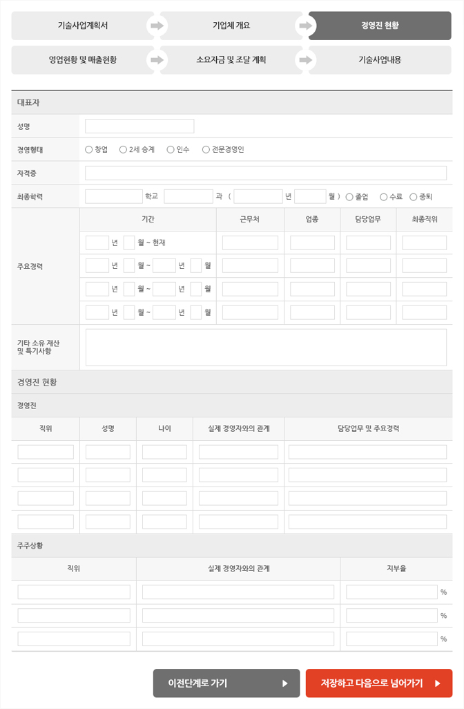 대표자와 경영진 현황에 대한 정보를 입력 화면